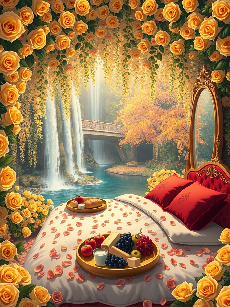 باغ بزرگ و افسانه ای پر گل سرخ لی لی یم زرد و سفید و اطلسی و شب بو
دورادور آبشارها روان به داخل برکه می ریزند وسط برکه زیر تونل افراشته از گل سرخ تشک گرم و نرم سفید با کوسن های قرمز پر شده با گلبرگ های سرخ
و سینی گرد و طلایی پر نان کره خامه عسل میوه و شیر و شیر برنج خوشه انگور سرخ سیاه زرد
یک آینه تمام قد بلند از طلا 7