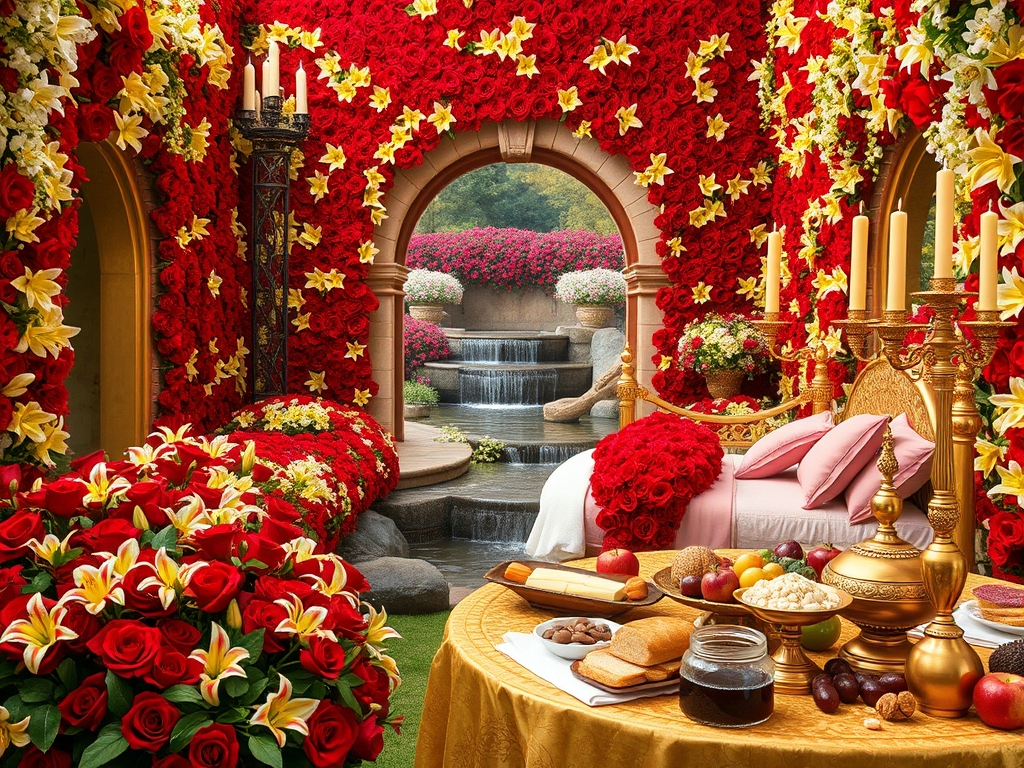 در باغی پر گل سرخ و لی لی یم زرد و سفید اطلسی شب بو
در و دیوار بلند آن پوشیده از گل سرخ لی لی یم زرد و سفید اطلسی و شب بو
زمین پر گل سرخ لی لی یم زرد و سفید اطلسی شب بو 
وسط باغ 
تونل مسقف از گل سرخ و لی لی یم
گوشه کنار رودها و آبشارها جاری ست 
یک تخت خواب قرون وسطایی طلایی با کوسن صورتی پر  شده با گل سرخ و لی لی یم حوله نرم و سفید
شمعدان های پر شمع گوشه کنار دیده می شود 
و میز مجلل طلا 
پر نان کره خامه عسل مربا باقلوا شیر گردو پسته آجیل 
و میوه مثل انگور انار سیب خرما20