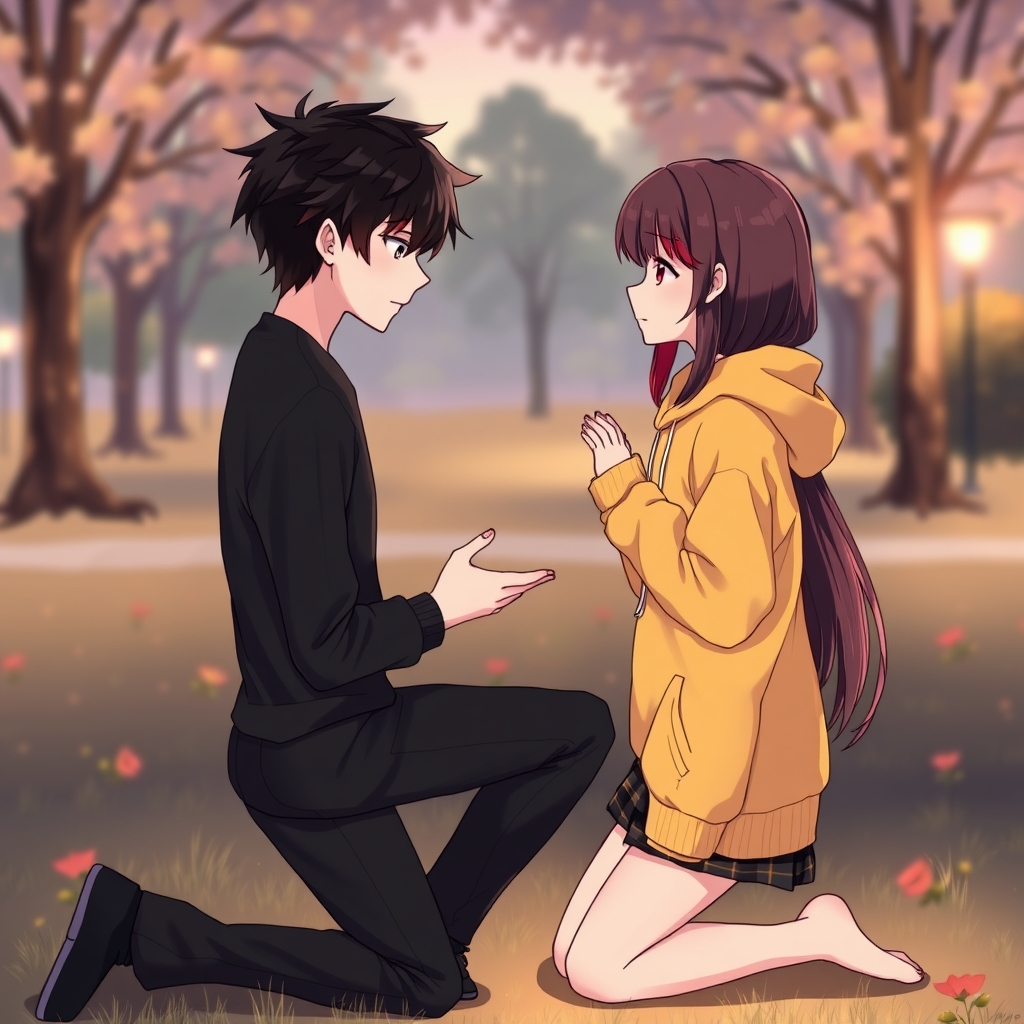 یک پسر بازی لباس سیاه و مو های سیاه برای یک دختری زانو زده و از او درخواست خواستگاری می‌کند دختر با موی کمی بلند سیاه که بعضی از موهای او به رنگ قرمز در امده و هودی زرد 1