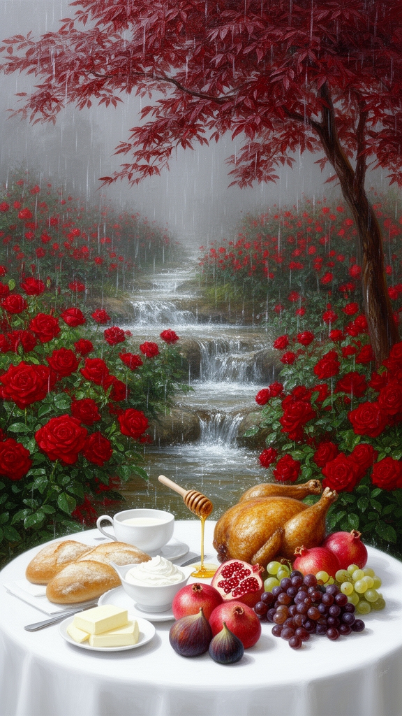 در باغ بارانی پر گل سرخ زیر سایه یک درخت با برگ های سرخ یک میز سفید صبحانه پر نان کره خامه عسل انگور انار سیب انجیر مرغ بریان و رودها و آبشارها جاری ست5