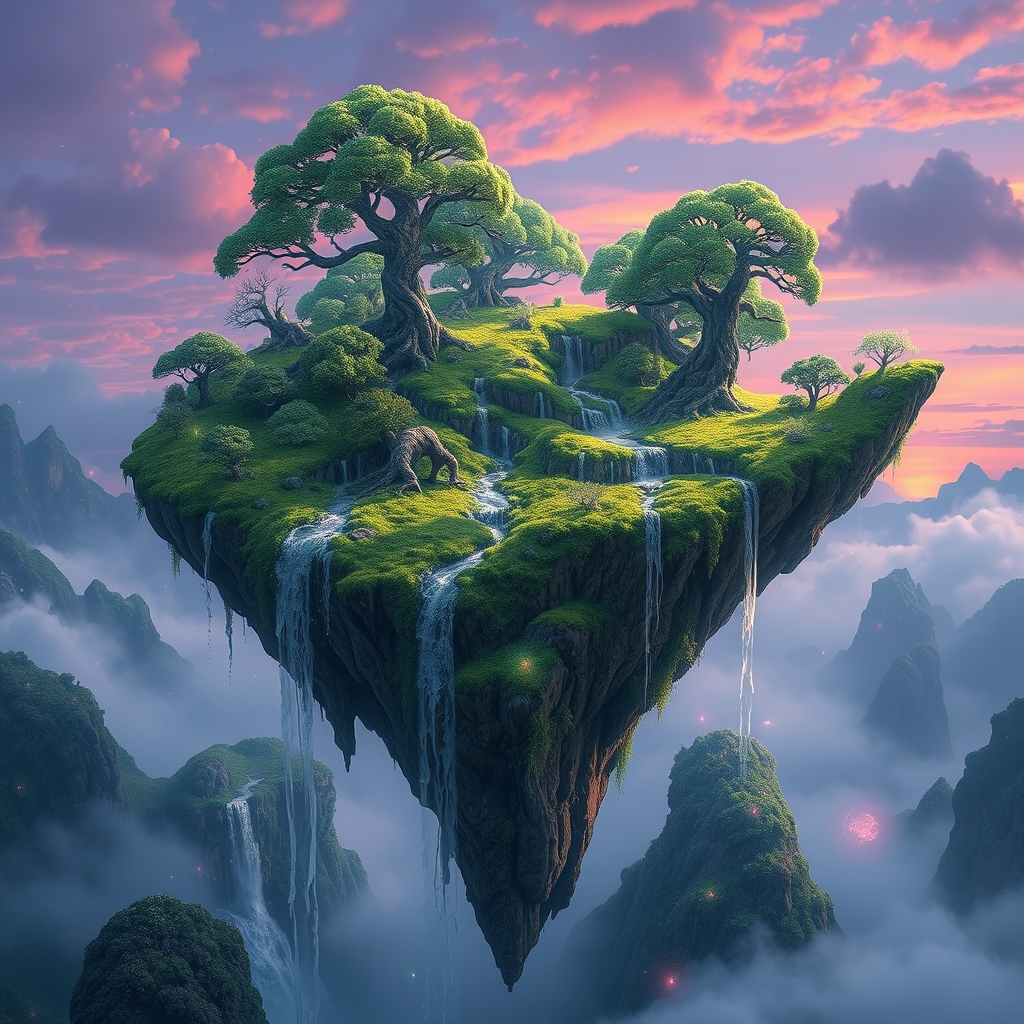 یک جزیره شناور سورئال به شکل دست، با آبشارهایی که از انگشتان جاری می‌شوند.5