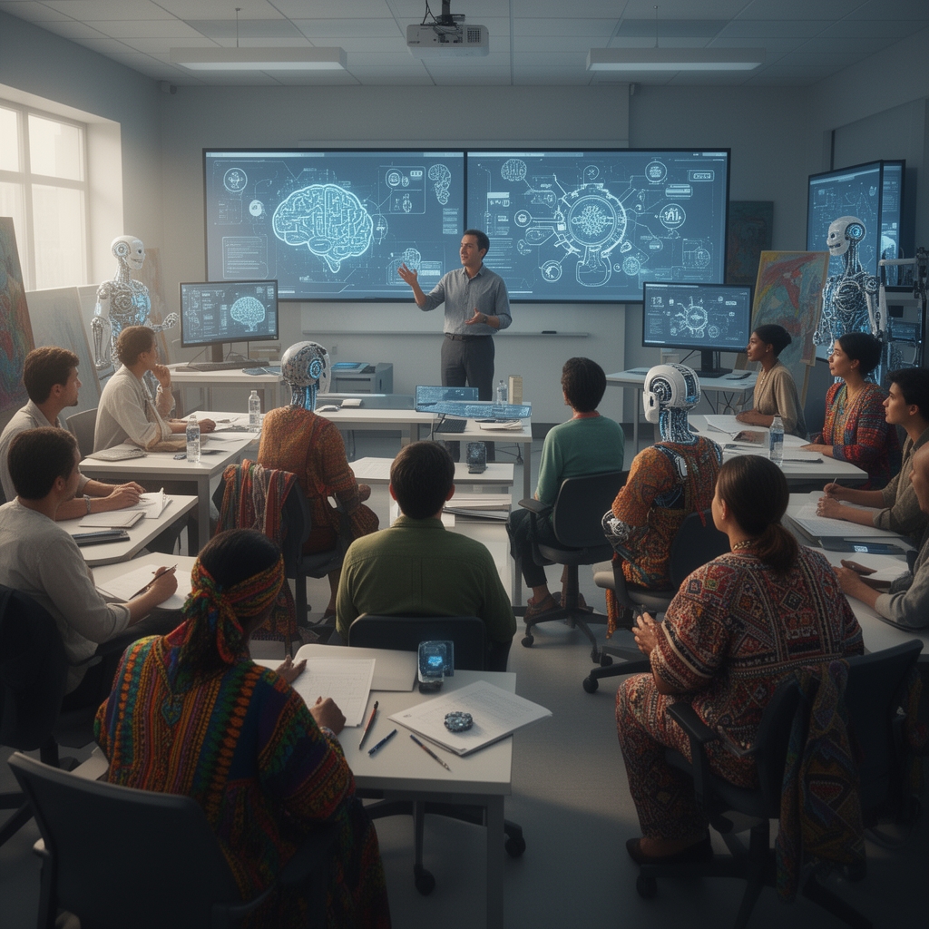 آرتیستان معروف کشورهای مختلف در کلاس هوش مصنوعی که با توجه زیاد دارند به حرف های استاد خود گوش میدهند0