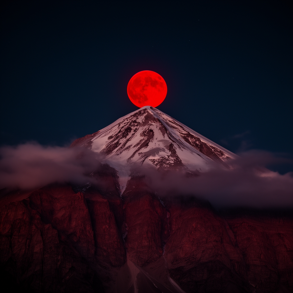 کوه دماوند که نوک آن به ماه سرخ گونی می رسد2