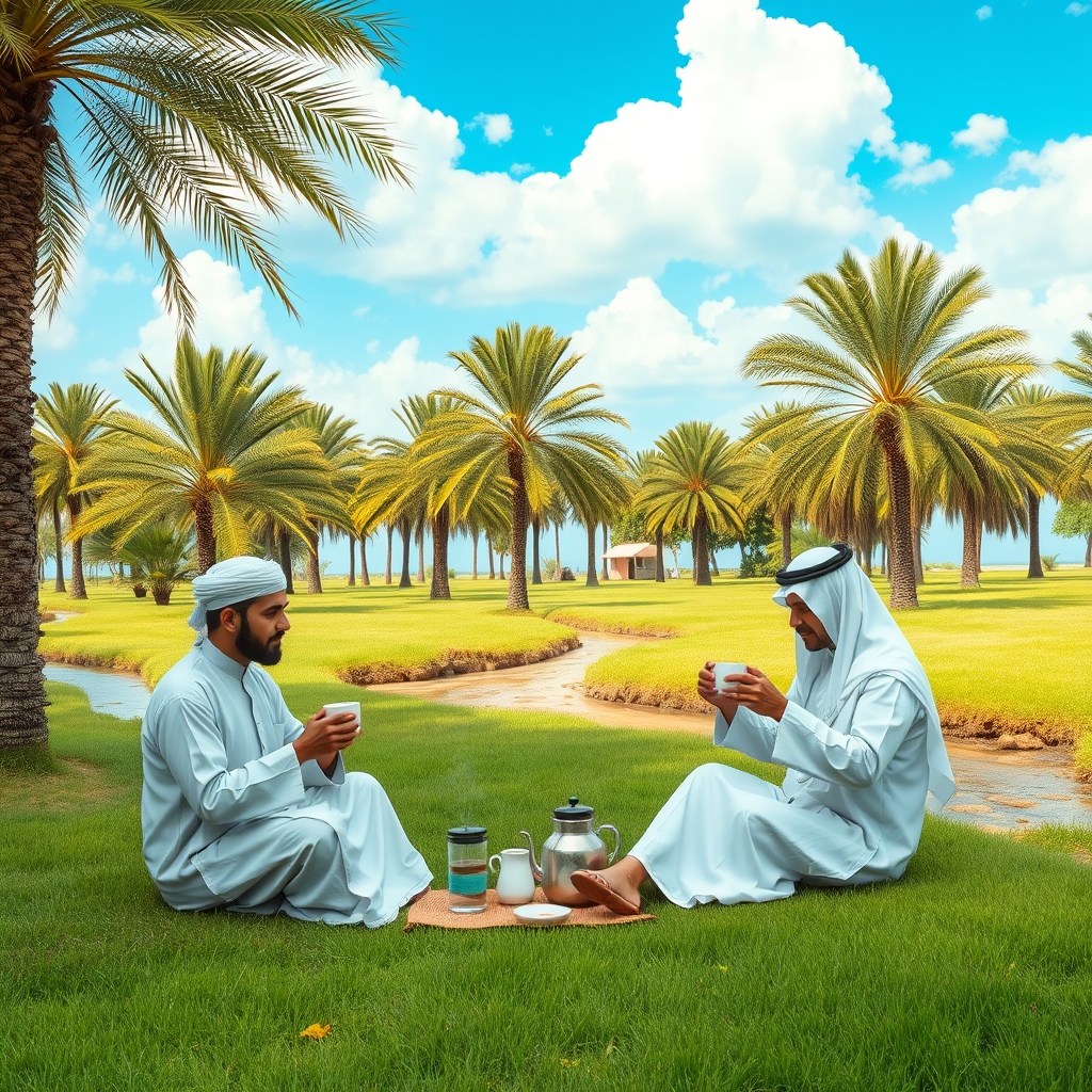 دو نفر عربستانی با دشداشه عربی و چفیه قرمز نشستن و اتش جلوشون روشن و درحال درست کردن قهوه ویکی درحال چای خوردن فنجان در،راست گرفته در چمن زار سرسبز ک درختان نخل و خرما کنار درختان رودخانه بزرگ پراز اب صاف و اسمون ابی روشن صاف پراز ابرهای سفید2