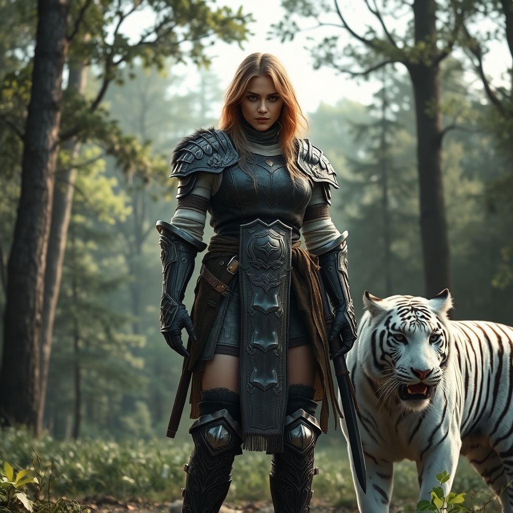 زن جنگجو وقوی در جنگل کنار ببر سفید 2