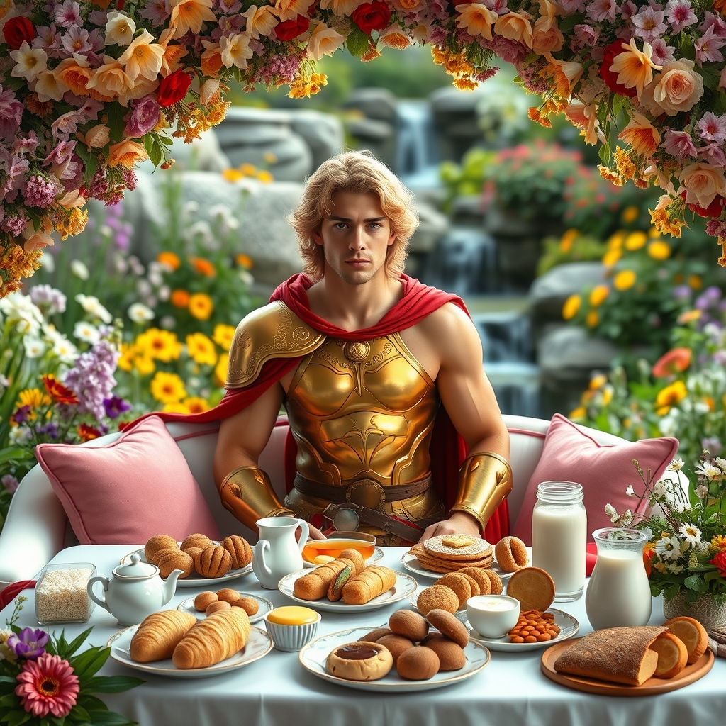 باغ گلها پر لی لی یم رز های زرد سفید سرخ صورتی نیلوفر یاس نسترن نرگس اطلسی شب بو ارکیده کوکب مریم بنفشه انگشتری شیپوری 
کنار آبشار 
سردار جنگجوی جوان زیباروی تاتاری 
با قد بلند عضلانی نیم برهنه زره طلا بر تن دارد 
چشم سبز موهای طلایی مجعد 
و ردای سرخ بر شانه های ستبرش 
بازوهای عریان و عضلانی سینه فراخ 
پشت میز مجلل صبحانه 
نان کره خامه شیرینی نان خامه ای مربا عسل کلوچه میوه شیر شیر برنج زیر طاق شکوفه ها 
کنار میز یک کاناپه سفید با توسن های صورتی16