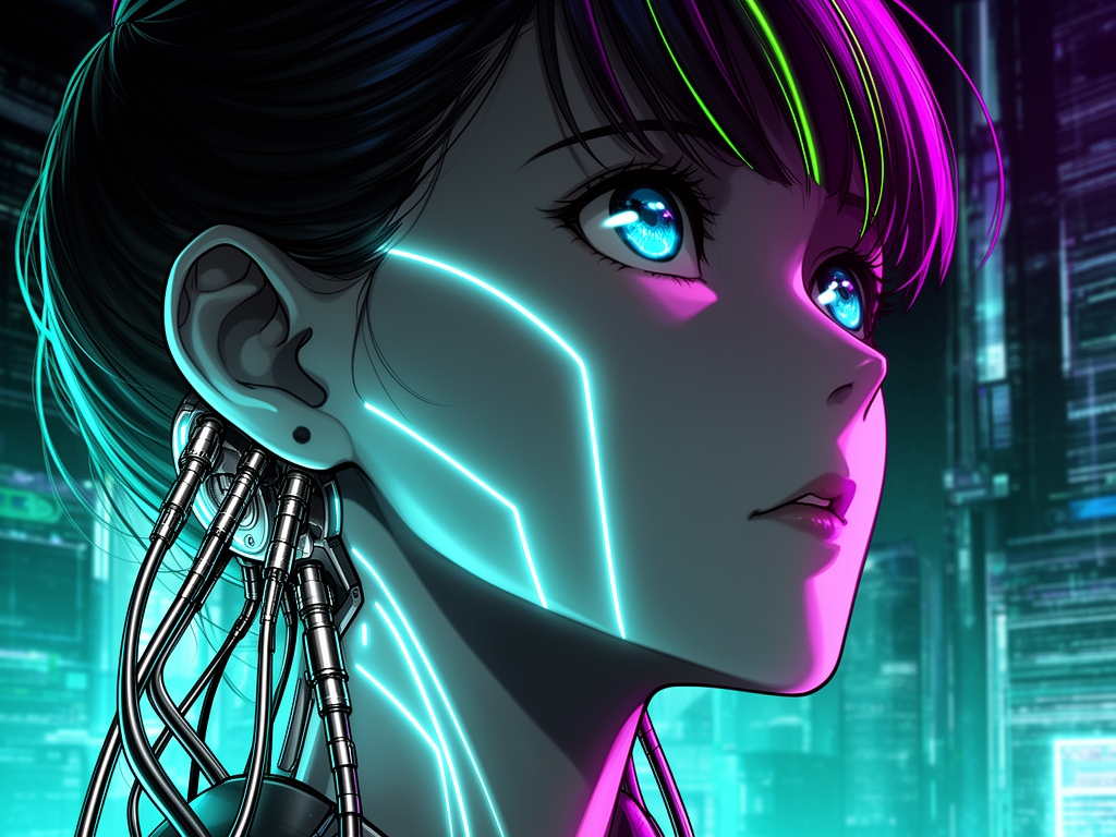 چهره دختری در سبک انیمه سایبرپانک با کابل‌هایی که به سرش متصل است، نورهای نئون آبی روی صورت، نگاهی به بالا، سبک علمی تخیلی.0