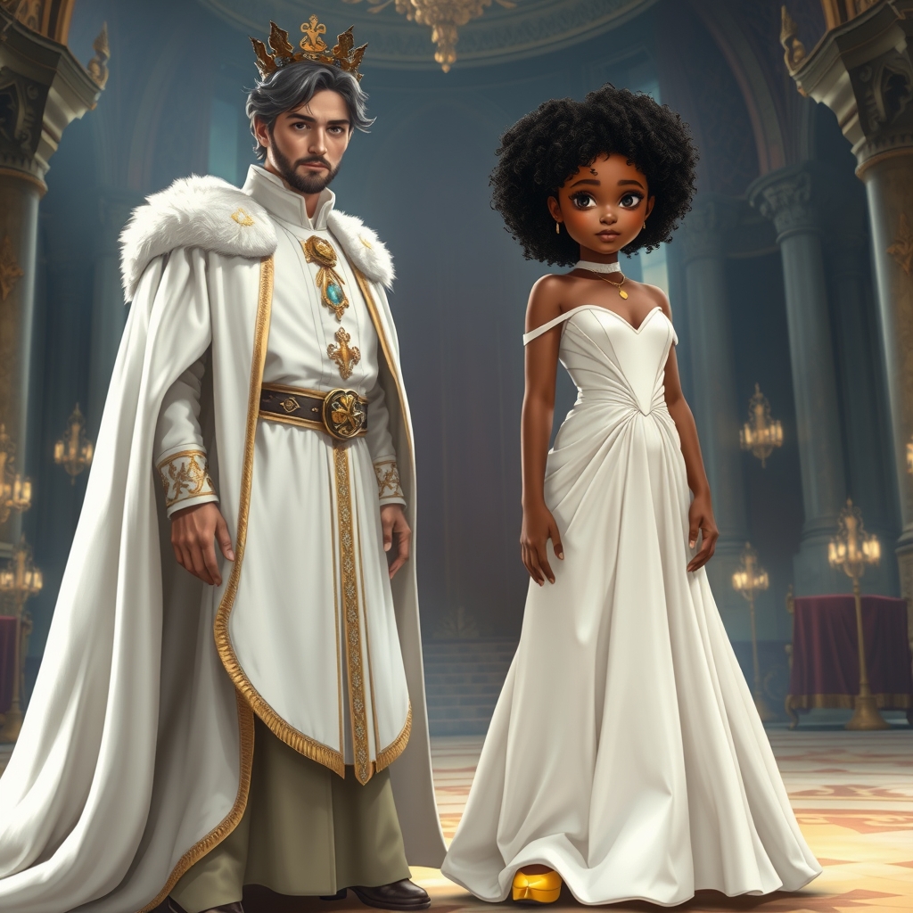دختری با لباس سفید پرنسسی با پوست سیاه موی فر با پادشاهی لباس سفید با پوست سفید رنک و کفش زرد توی قصر0