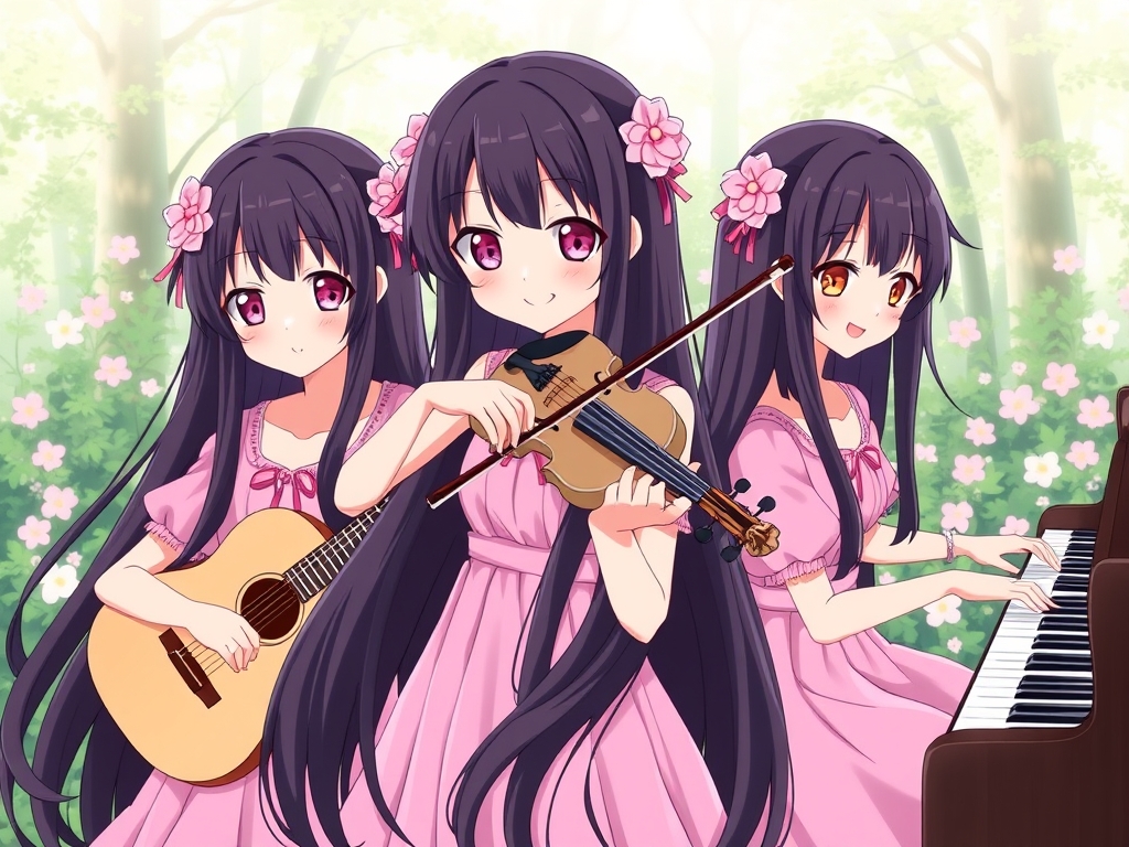 عکس سه تا دختر شبیه به هم با مو های خیلی بلند و سیاه دارند و هر سه تاشون روی مو هایشان گلسر های صورتی به شکل گل دارند  و چشم های صورتی  و لب های سرخ و لبخندی ملایم و لباس های هر سه تاشون صورتی است که یکی گیتار می نوازد و یکی ویولن می نوازد و یکی پیانو می نوازد و در حال نواختن ساز هایشان هستند و پشت آنها جنگل پر از گل است14