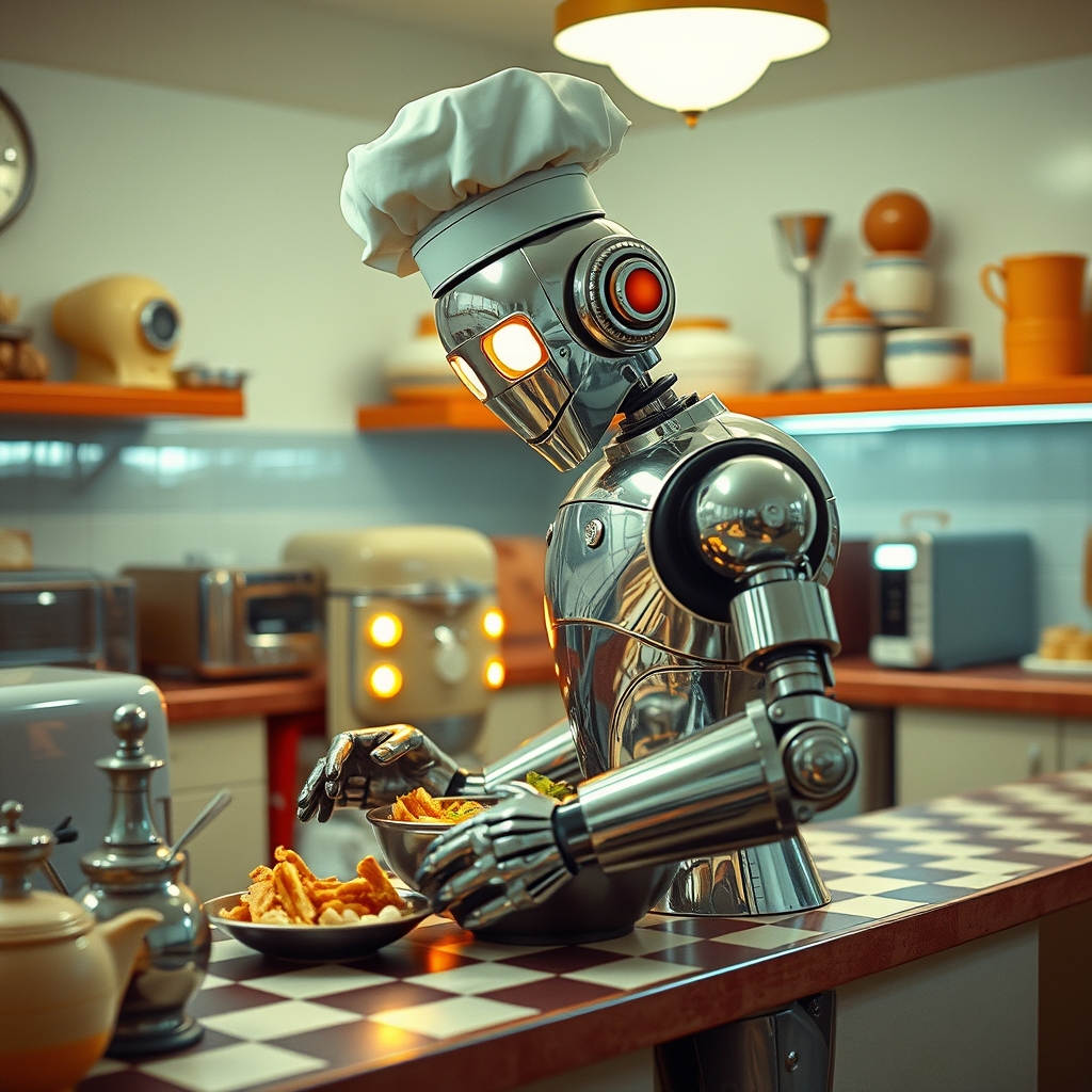 یک سرآشپز رباتی قدیمی در حال تهیه غذا در آشپزخانه‌ای به سبک دهه ۱۹۵۰.16