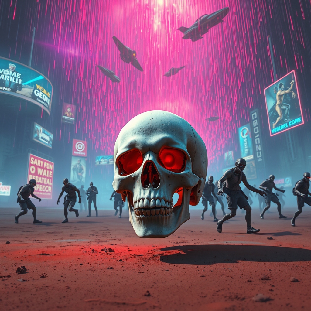 کویری کاملا دور افتاده شده که جمجمه ای سفید رنگ انسان داخل آن است و زامبی ها درحال حمله هستند و از اسمان آتش میبارد23