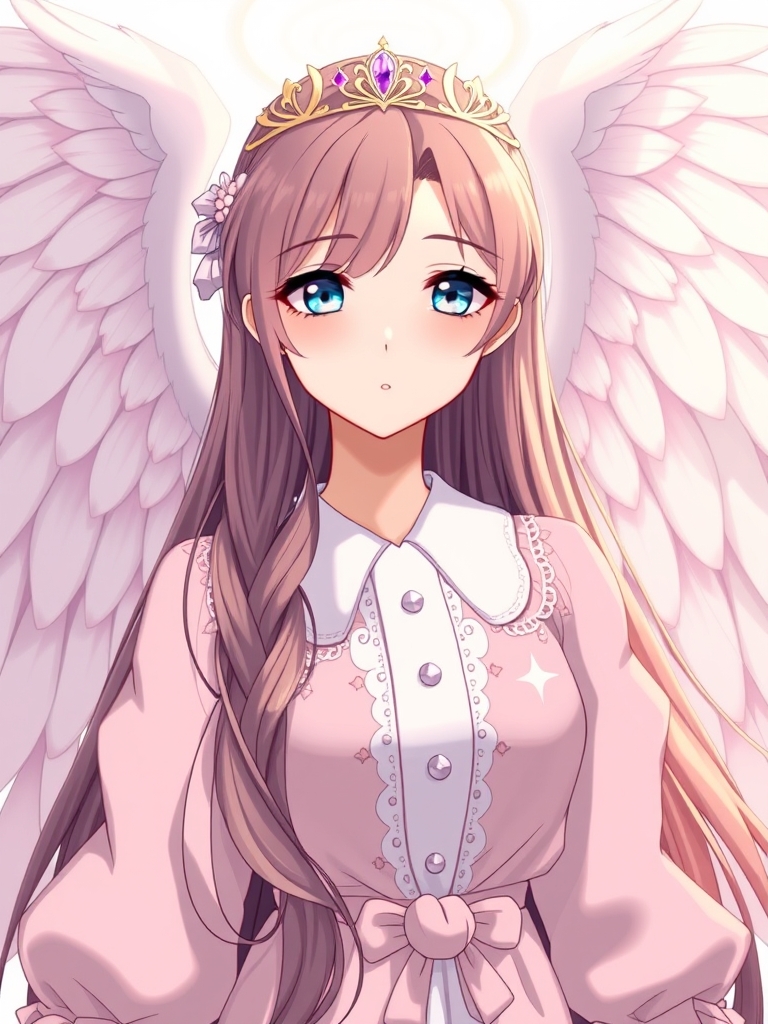 فرشته ای زیبا در با لباسی صورتی و سفید و زیبا و با وقار و موهای زیبا و بلند و صورتی پاک و زیبا و معصوم و تاجی ظریف بر سرش و چشم های آبی آسمونی ۱۸ساله19