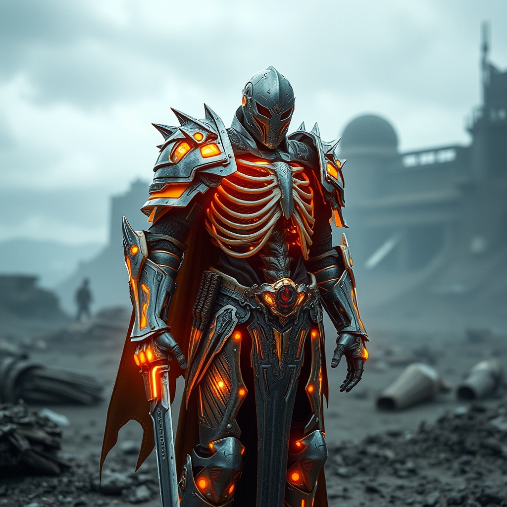 یک شوالیه آینده‌نگر با زره اسکلت خارجی درخشان، ایستاده در دنیایی پسا‌آخرالزمانی.16