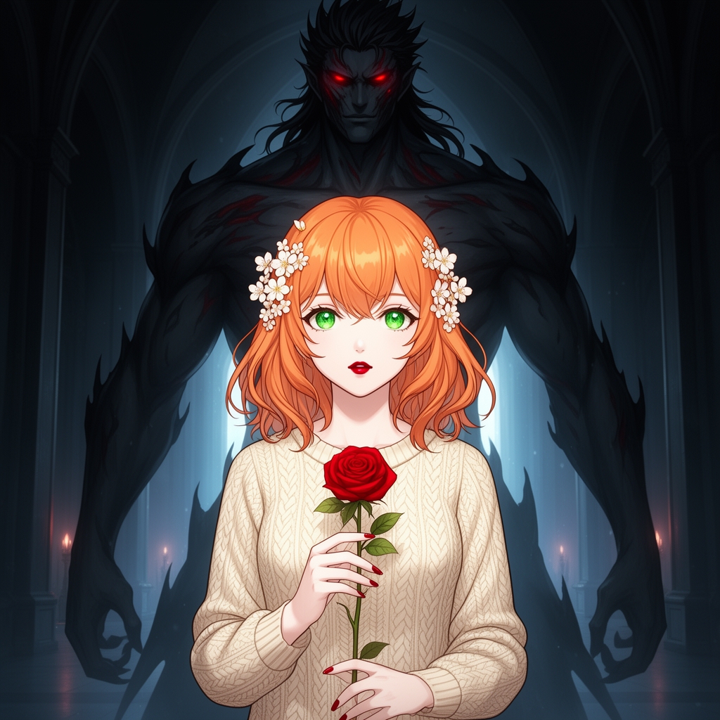 زیباترین زن جوان در جهان حتی در رویایی که شکوه خدا را داشته باشد که نظیر آن در دنیا نباشد و همه به او از شدت زیبایی به او سجده کند که با موهای نارنجی حالتدار نه چندان بلند و نه چندان کوتاه و با چشمان سبز کریستالی و با لبانی سرخ به رنگ یاقوت و با پوستی سفید به رنگ برف که با لباس بافتنی کرمی رنگ زیبایی باشد که لای موهایش شکوفه زیبایی باشد و در دستش گل رز قرمزی باشه و پشت سرش تالار تاریک و اسرارآمیز و پشت سرش مردهیولای مانندی با چشمانی سرخ و و با موهای مشکی رنگ با قامتی بلند3