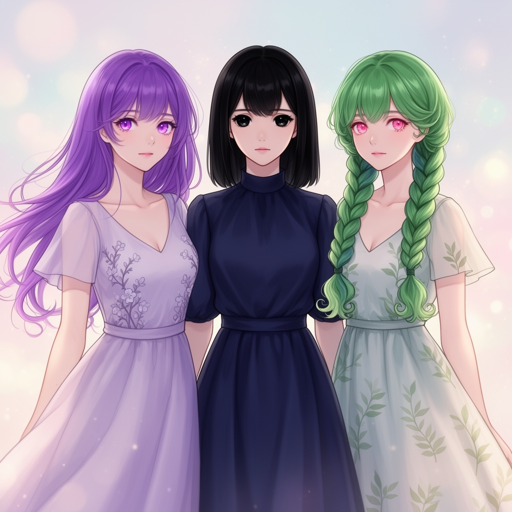 سه دختز زیبا که وسطی با موهای بنفش و چشم بنفش و اونیکی با موهای سیاه و چشم سیاه و دیگری با موهای دو تایی بافته شده ی سبز که نوک موهاش و نوک چطری هاش صوتیه با چشم صورتی1