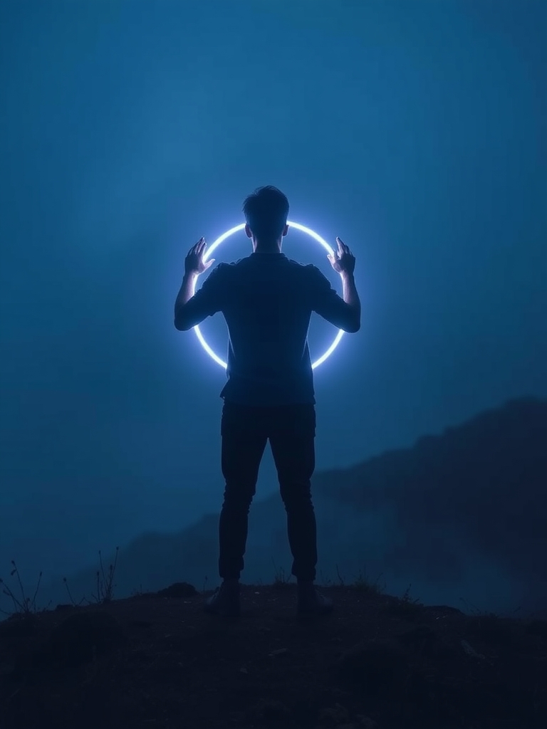 یک شبح مرموز از فردی که یک کره درخشان در دست دارد، ایستاده روی تپهای مهآلود.12