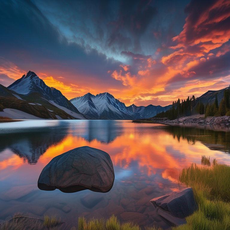 چشمانداز منظره غروب خورشید کوهستان منعکس شده در دریاچه1