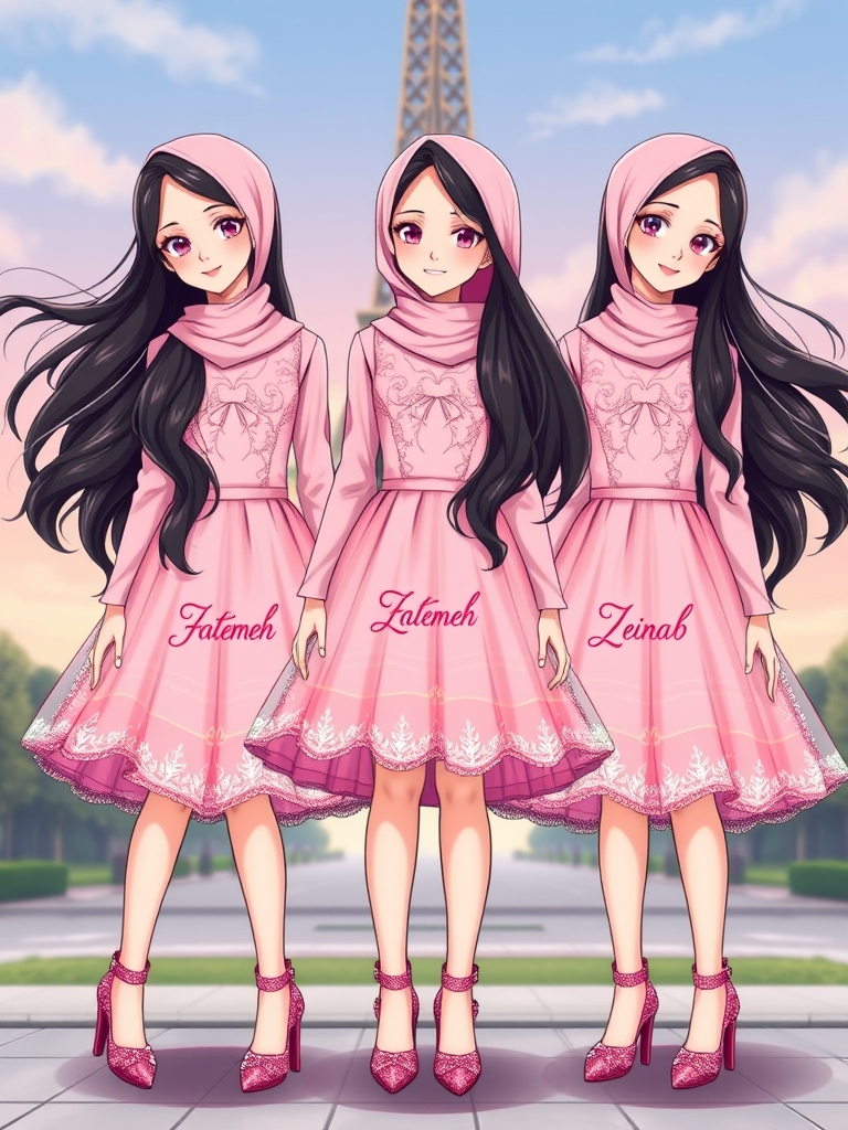 سه قلوها،زهرا،فاطمه،زینب سه خواهر سه قلو و شبیه هم هستند و موهای خیلی بلند و مشکی دارند و لباس صورتی و دامن دار و اکلیلی مانند پرنسس ها دارند و کفش های پاشنه دار صورتی و اکلیلی و براق دارند و پشت سر آنها برج ایفل است و انیمه هستند و مانند پرنسس ها هستند و روی لباس آنها با خطوط زیبا یکیشون fatemeh و یکیشون zahra و یکیشون zeinab نوشته شده باشه و موهای آنها در باد تکان می خورد5