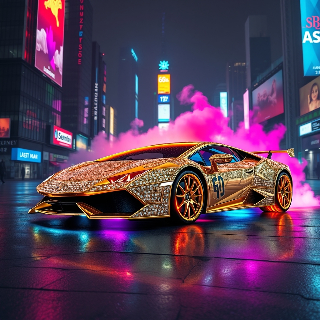 یک ماشین لامبورگینی که از طلا و الماس و نقره ساخته شده است که داره دود زا میزنه15