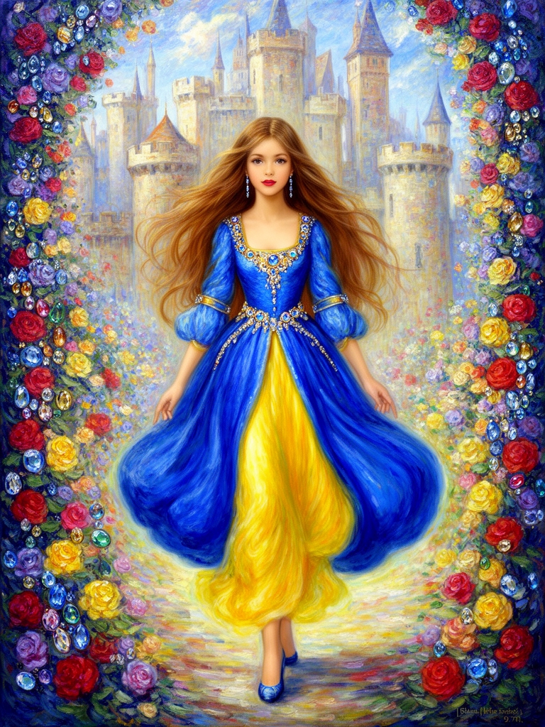 دختری  زیبا و با موهای بلند و حالتدار به رنگ قهوه ای روشن و چشمانی به رنگ کهربایی و لبی همچون گل قرمز و بینی عروسکی و لباسی زیبا به رنگ آبی پررنگ و زرد  که دامندار و پرپری و پف دارد در قلعه ی زیبا که از گل  های رنگارنگ و جواهرات تزیین شده در حال قدم زدن به سبک پست امپرسیونیسم 

2