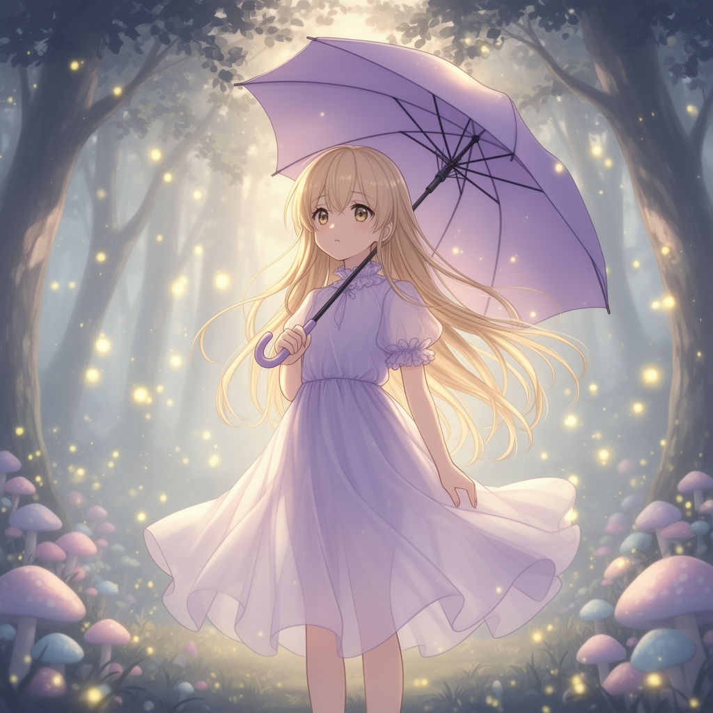 یک دختر نوجوان 12 ساله موهای بلند که یک چتر بنفش کم رنگ دستش گرفته با لباس بنفش کم رنگ توری با استین های پفپفی گ رویایی با موهای طلایی کم رنگ در پشت زمینه یک جنگل رویایی1