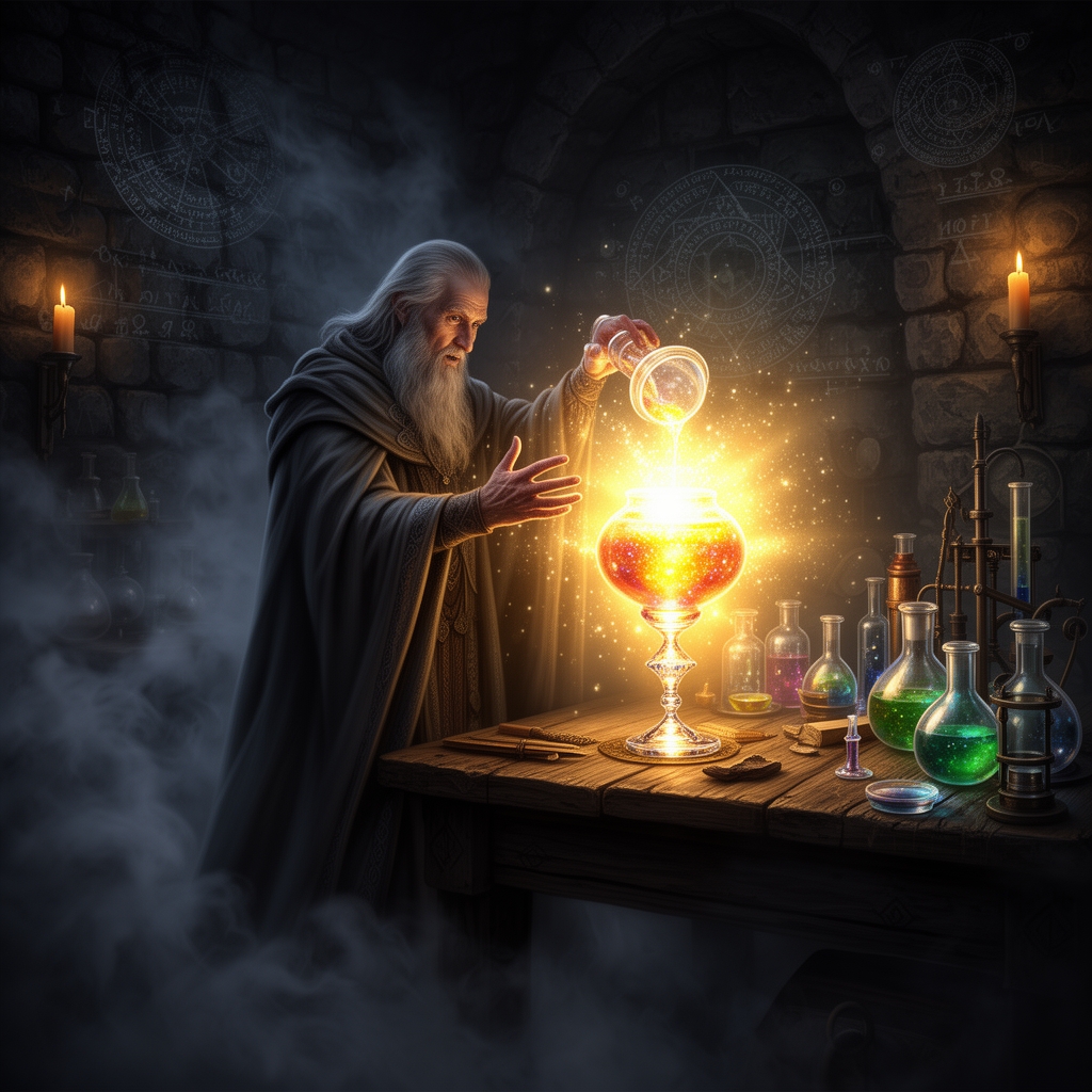 یک جادوگر اسرارآمیز در حال ساختن یک معجون درخشان در آزمایشگاهی تاریک و مهآلود.0