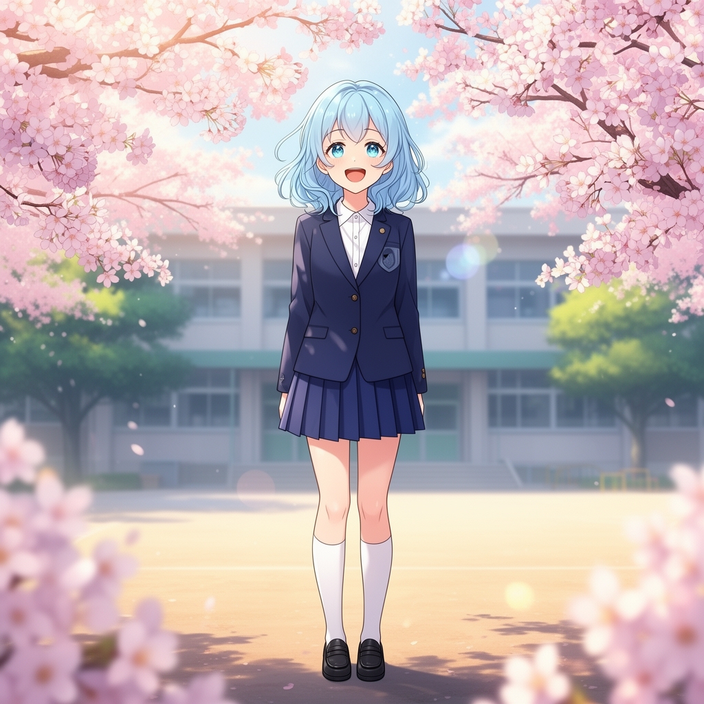 دختری خوشکلللل با فرم مدرسه با موهای رنگ آبی باستیلی و چشم های رنگ دریا پشت شکوفه های زیبا در مدرسه در حال خندیدن1