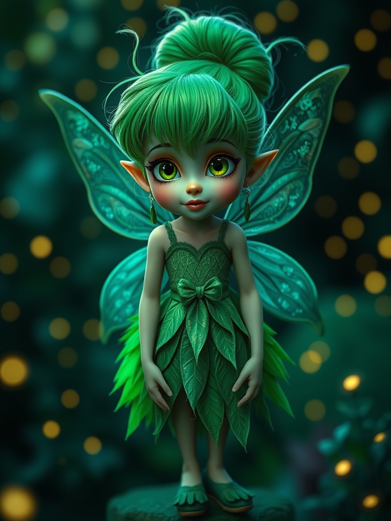 الف سبز رنگ که لباس عروسکی جذابی پوشیده به رنگ سبز زمردی موهایش را بالای سرش محکم بسته و چتری پرده ایش جلوی صورتش ریخته کفشی از جنس برگ دارد و در طبیعتی پر از شب تاب است و از گوش هایش گوشواره های زیبایی آویزان است چشمان درشت و سبز دارد و لبی صورتی11