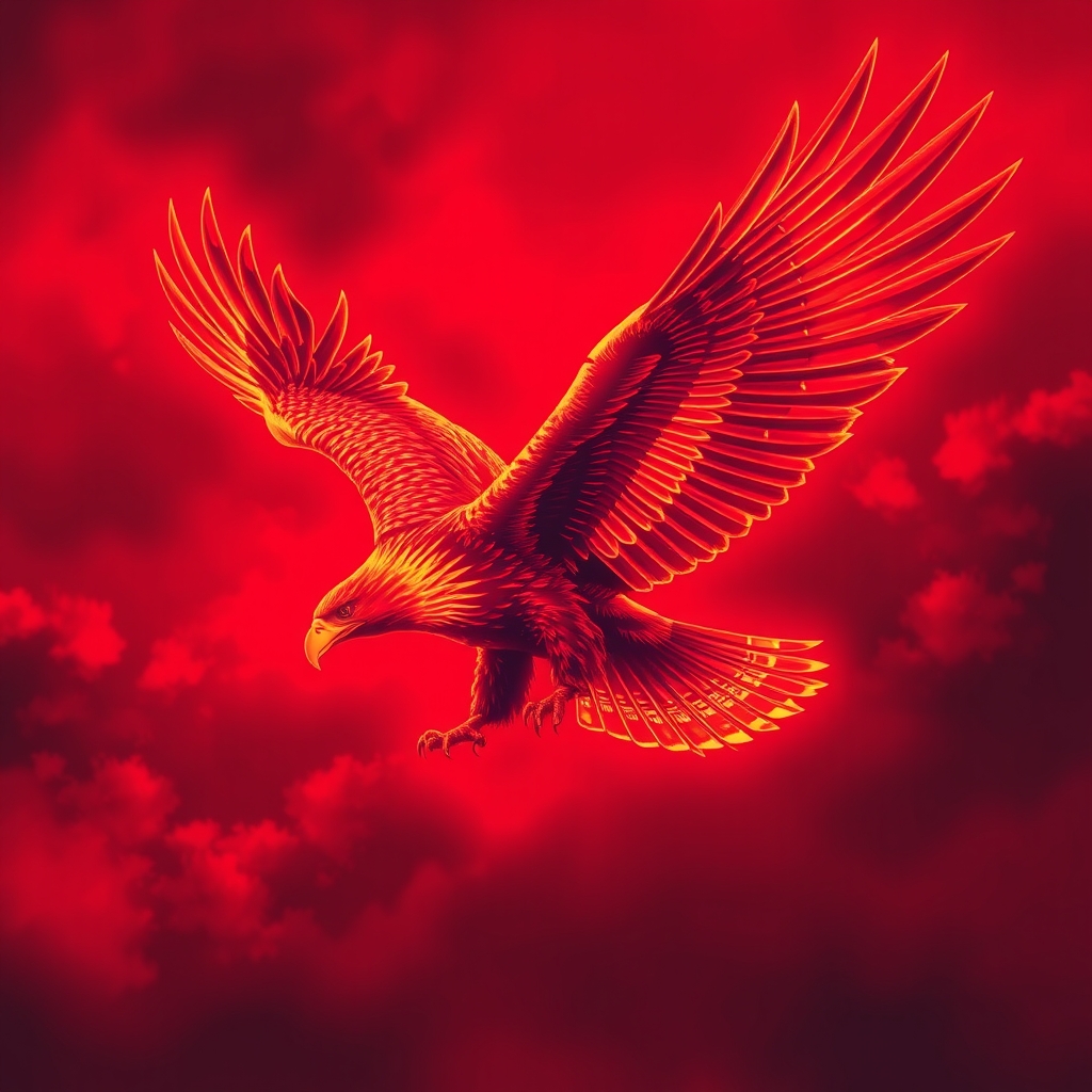 یک عقاب باشکوه با پرهایی از جنس آتش، در حال پرواز در آسمان قرمز نمایشی.12