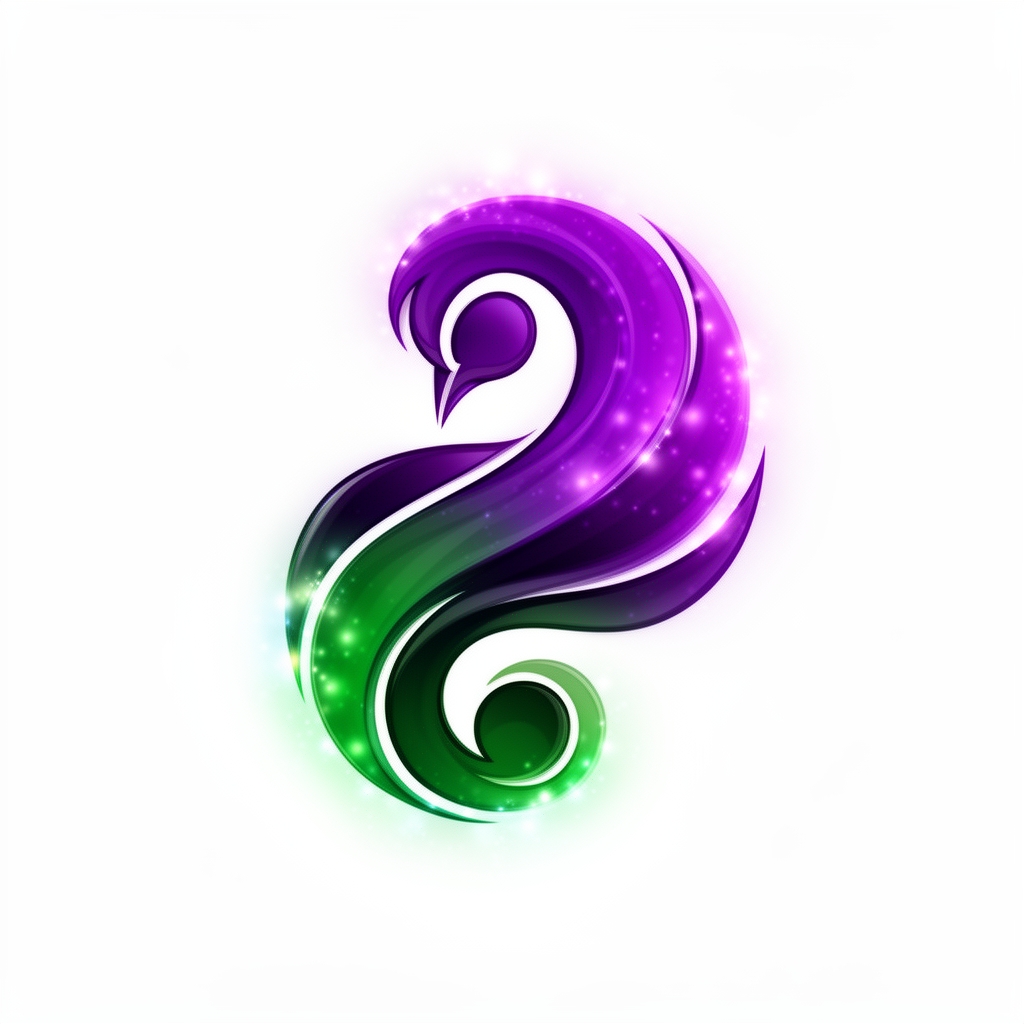 Colorful vector logo in the shape of a peacock bird, designed with soft curved lines, purple and green gradients, simple white background.0