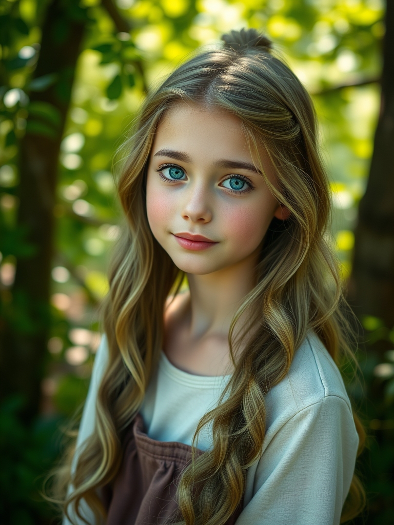 تصویر یک دختر ۱۸ساله با موهای سبز بلند موجدار و با چشمان آبی پر رنگ پوست گندمی روشن  با پس زمینه ی طبیعت0
