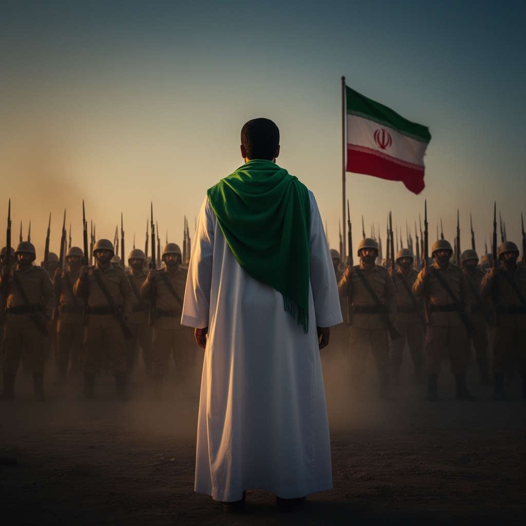 نما از پشت یک مرد عرب با لباس سفید وشال سبز  در جلوی یک لشکر با لباس تاکی رنگ و پرچم🇮🇷در میان لشکر6