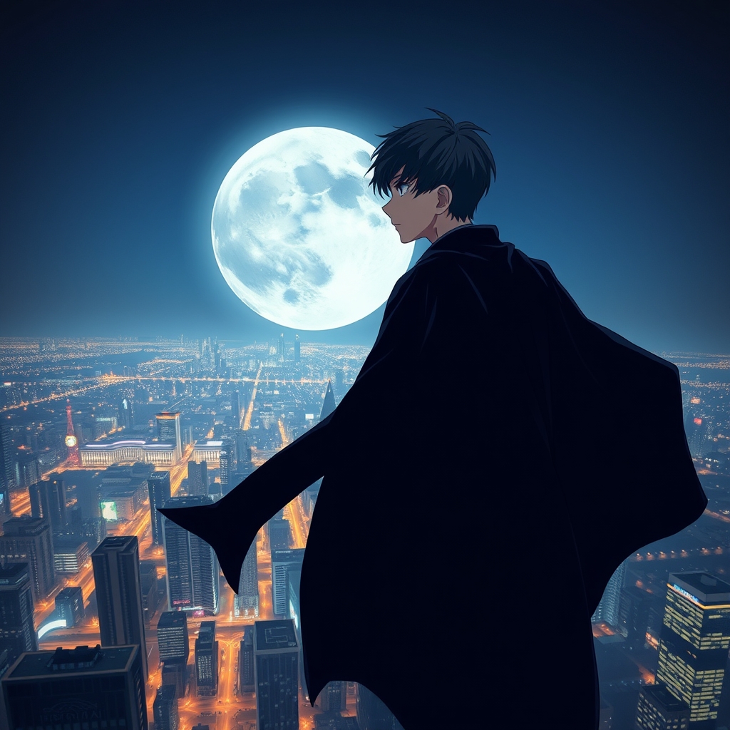 پسر انیمه‌ای با شنل سیاه که روی لبه یک ساختمان بلند در شب نشسته و به شهر نگاه می‌کند، ماه کامل بزرگ در پس‌زمینه.2
