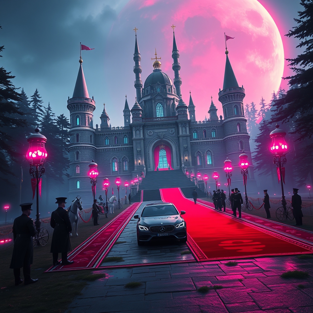 یک قصر بزرگ و باشکوه به رنگ مشکی و نقرهای در جنگلی بزرگ و زیبا که قصر مرکز جنگل است که اسب ها و گاری ها ی زیبایی آنجاست و فرشی قرمز پهن شده و سربازان آنجا کنار فرش وایساده اند منتظر ماشینی سیاه رنگ13