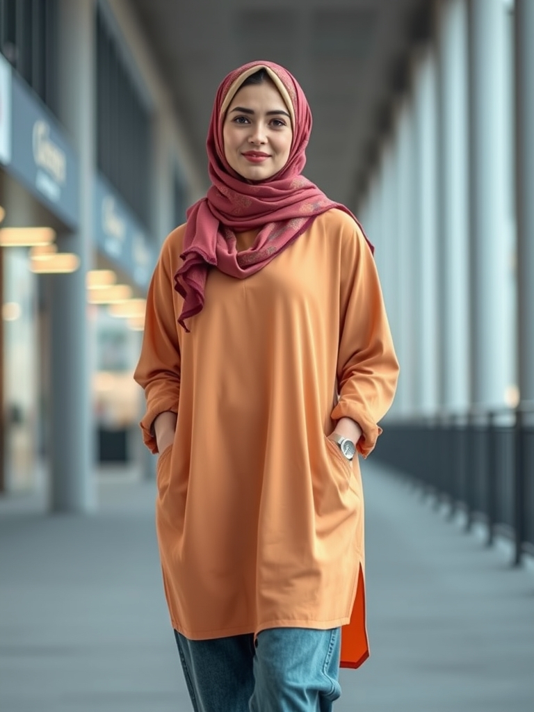 مانتو زنانه ایرانی تا زانو و با حجاب روسری یا مقنعه و روشن و شاد با طرح کمی پیچیده و شلوار کتان یا جین و با پس زمینه مدرن14