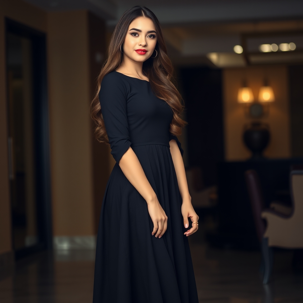 یک دختر موی بلند  با لباس مشکی مجلسی بلند و کفش پاشنه بلند مشکی3