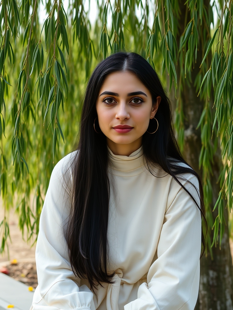 عکس‌دختری‌‌بالغ‌که‌ایرانی‌است‌باچشمانی‌سیاه‌موهای‌سیاه‌
وصورتی‌سفید‌ولباسی‌کرمی‌‌‌کنار‌درخت‌بید‌نشسته
5