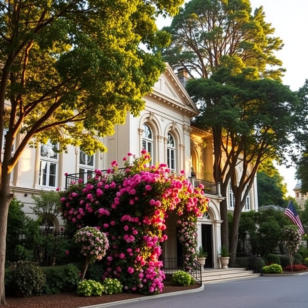 یک ساختمان زیبا با تعدادی گل رز و درخت اطراف ان زیبا و مجلل16