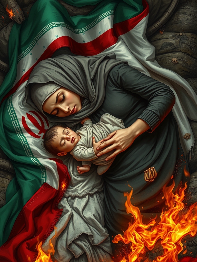 پیکر بیجان مادری بر روی خاک که پرچم ایران به صورت موج دار دور آن تنیده شده و مادر به پهلو خوابیده و دست خود را روی پیکر بی‌جان نوزادش گذاشته و اورا در آغوش میگیرد و در اطراف آن شعله های آتش و تکه پیراهن سوخته ریخته است4