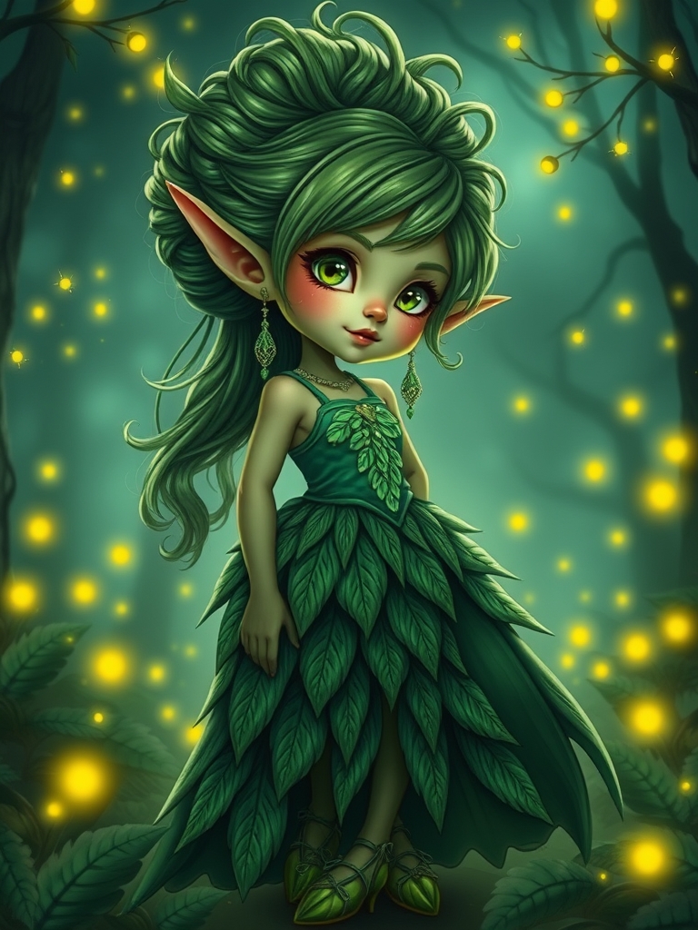 الف سبز رنگ که لباس عروسکی جذابی پوشیده به رنگ سبز زمردی موهایش را بالای سرش محکم بسته و چتری پرده ایش جلوی صورتش ریخته کفشی از جنس برگ دارد و در طبیعتی پر از شب تاب است و از گوش هایش گوشواره های زیبایی آویزان است چشمان درشت و سبز دارد و لبی صورتی7