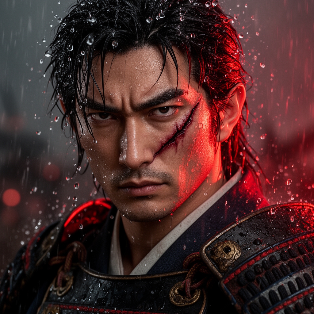 نمای نزدیک از چهره یک سامورایی انیمه با زخم روی صورت و نگاه جدی، باران شدید، نورپردازی دراماتیک قرمز، جزئیات بالا.3