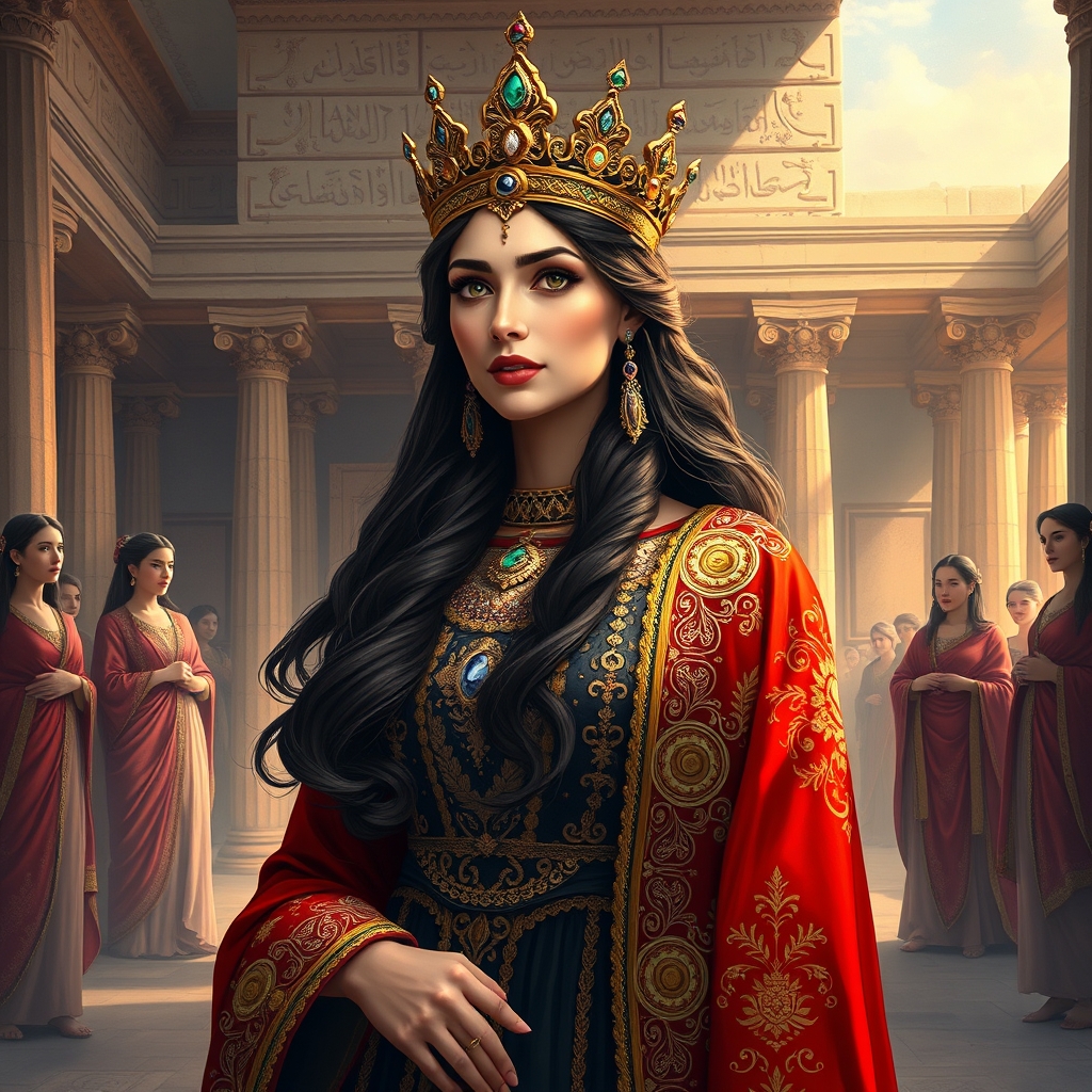 شهبانوی ایران زمین بسیار زیبا و باوقار با لباسی بسیار زیبا و با شکوه و سلطنتی به رنگ قرمز و طلایی و مشکی با سنگدوزی های فاخر و موهایی زیبا و بلند قهوه ای تیره و تاجی از طلا و الماس که چند بانوی دربار اطرافش ایستاده اند در قصر هخامنشی تخت جمشید 6