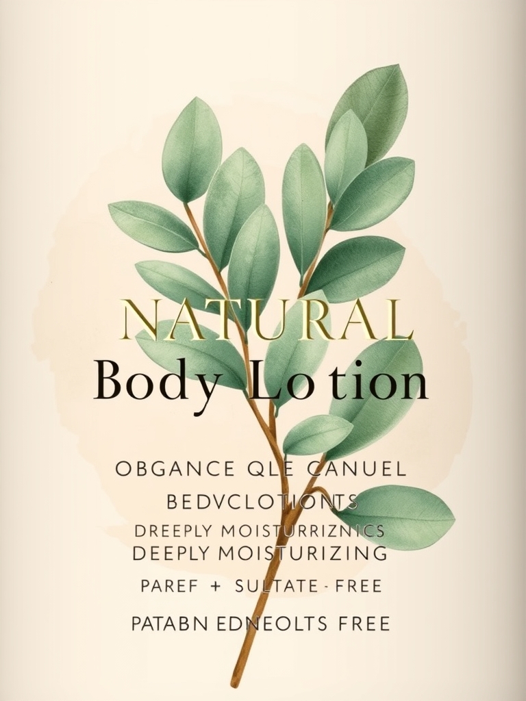 یک طراحی لیبل لوکس و طبیعی برای لوسیون بدن ارگانیک، با تم زمینی و گیاهی، ترکیب رنگ‌های نرم مانند بژ، سبز ملایم و طلایی. تصویر برگ‌های اکالیپتوس در پس‌زمینه با طرح واترکال، با تایپوگرافی زیبا و مدرن برای عنوان "لوسیون بدن طبیعی". متن‌های کوچک شامل: "ترکیبات ارگانیک"، "مرطوب‌کننده عمیق"، "فاقد پارابن و سولفات". سبک مینیمال اما جذاب، با جلوه‌های براق و مات برای حس لوکس بودن. رندر با کیفیت بالا، مناسب چاپ
استایل: ترکیب مینیمالیسم و طبیعت‌گرایی (مثل برندهای ارگانیک لوكس مانند Jurlique یا Neal's Yard2