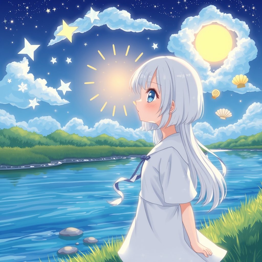 دختری که چشم و موهایش و لباسش کهکشانی سفید است که کنار رودخونه طبیعت داره به خورشید نورانی نگاه میکنه و ابر های آبی به شکل های ⭐️❄️💛🪼هستند 8