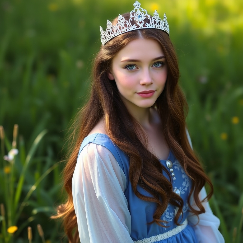 شاهدختی زیبا با موهای بلند قهوه‌ای با تاجی نقره ای و پیراهنی آبی رنگ10