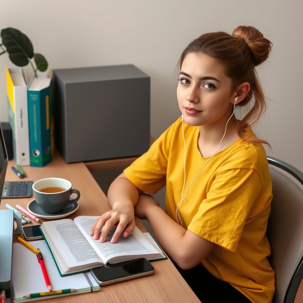 دختری که صبح زود از خواب بلند شده و می خواهد به کلاس های آنلاین برسد و کتاب و دفتر و جامدادی و ماژیک های فوسریش را روی میز با یک لیوان چای چیده و تلفن همراهی روی میزش است و ایرپاد هم در گوشش هست و به درس گوش می‌دهد این دختر ایرانی است و مو هایش را دم اسبی بسته است چتری هم ندارد و لبش کمی صورتی است و چشمانش قهوه ای است و پوستش سفید است تیشرتی زرد با شلواری مشکی پوشیده و روی صندلی اش که جلوی آن میزش و وسایلش قرار دارند نشسته و این دختر سرش روی کتابش است و لیوان چایش روی میز است و این عکس از بغل هس5