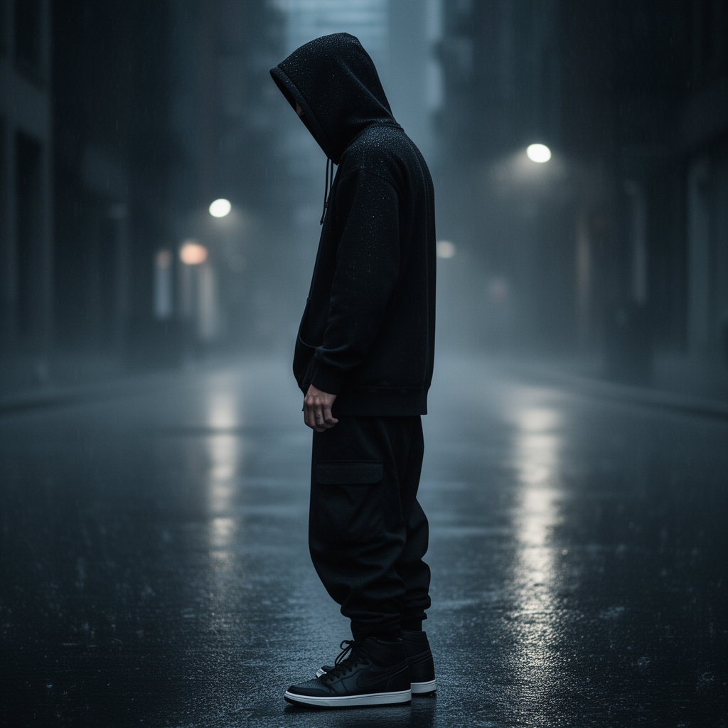 یک عکس از یک پسر که با هودی سیاه و چهره اش روبه تصویر نباشه با شلوار بگ سیاه با کفش اسپیکر سنش ۲۳سال باشه هوا سیاه باشه و بارونی برای پروفایل چهره اش با کلاه هودی پوشیده باشه0