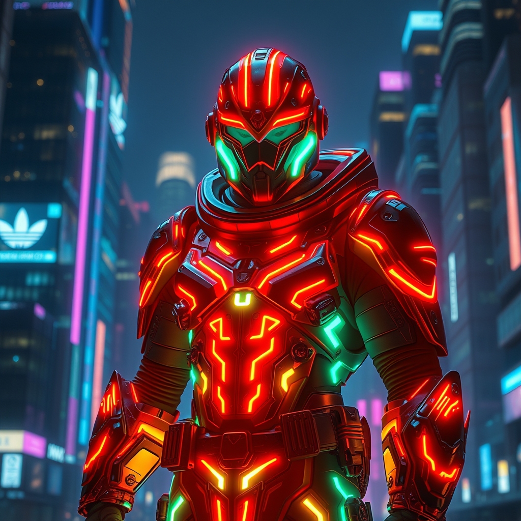 یک جنگجوی سایبرپانک آیندهنگر با زره نئونی، ایستاده در منظرهای از شهر نورانی، پسزمینه شب، با رنگهای زنده و جزئیات زیاد.7