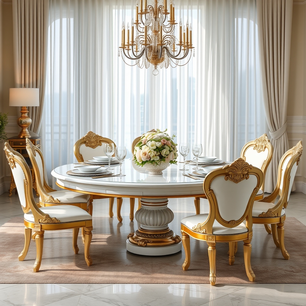 یک میز نهارخوری سلطنتی سفید و طلایی ۶ نفره در حال خانه شیک11