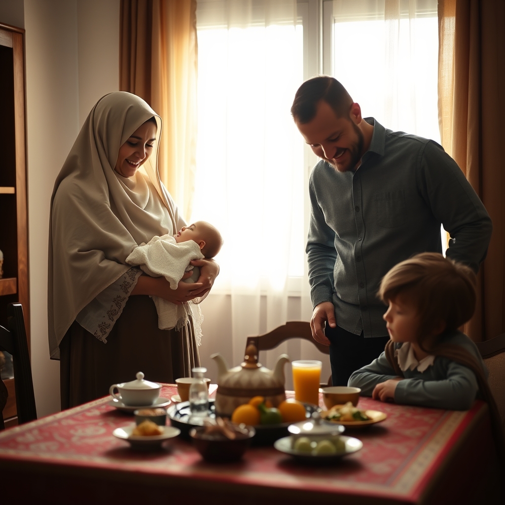 یک مادر که یک نوزاد در بغل دارد و یک پدر مهربان و یک بچه ی ۱۱ ساله
همه دور سفره هفت سین هستند 2